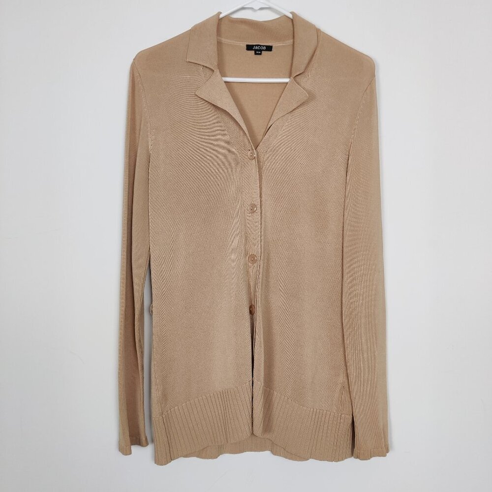 Jacob Women's Button Down Cardigan Size M Tan Sand Rayon Stretch Knitwear Casual